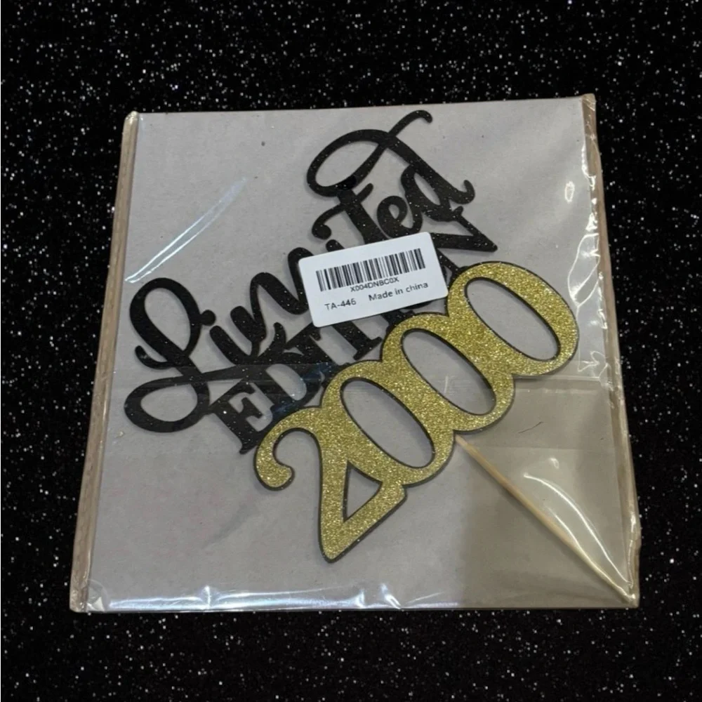 Limited Edition 2000 Cake Topper - Black and Gold Glitter Party Decoration